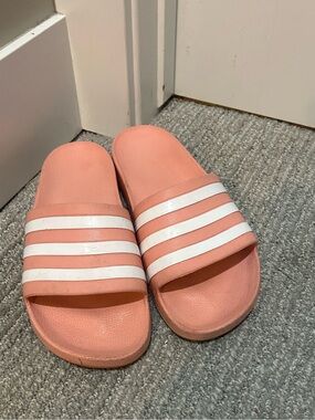 Adidas Pink/coral Slide Sandals with White Stripes